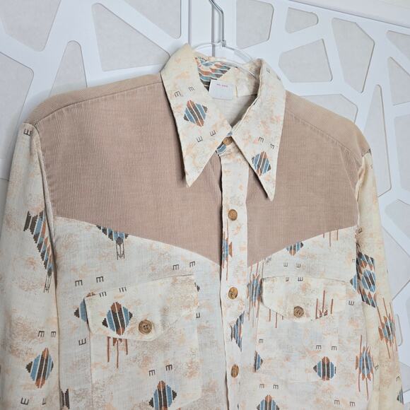 VINTAGE Lazy H Cream Corduroy Aztec Long Sleeve Button Down Shirt Mens SZ MD - Picture 3 of 6